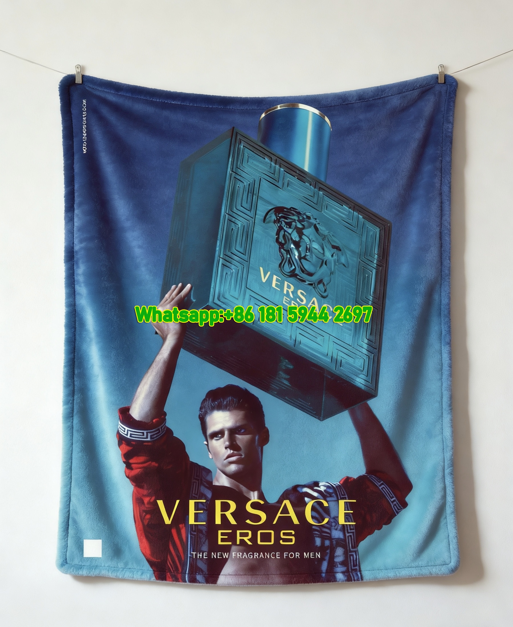 Versace Eros Fragrance Ad Print Turquoise Blue Gold Red Flannel Sofa Throw Blanket IMG_1560